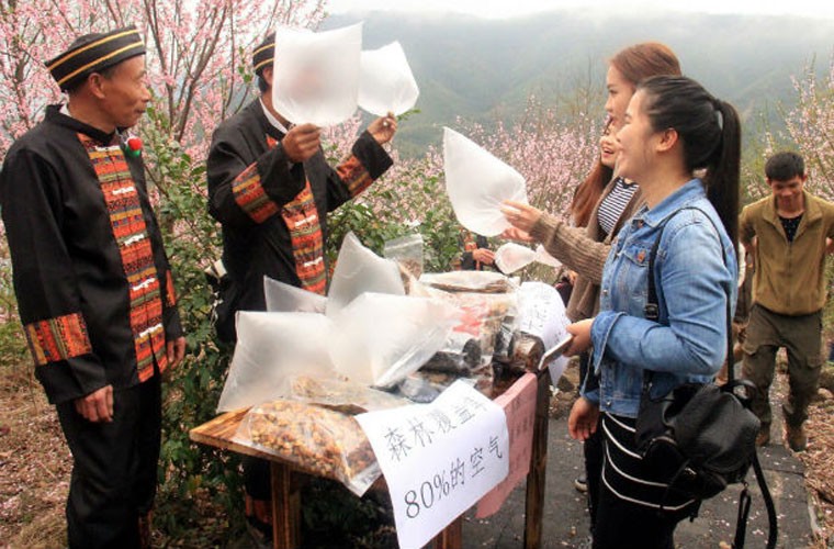 Gian hàng trên đỉnh núi  bán không khí sạch của những người dân vùng miền núi ở Thanh Nguyên này thu hút khá đông người mua.